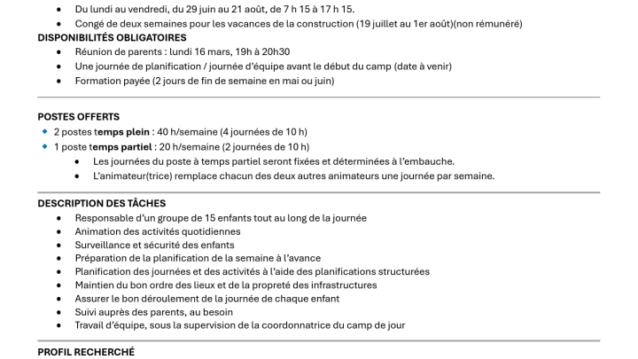 Offres d'emplois - Camp de jour - été 2026