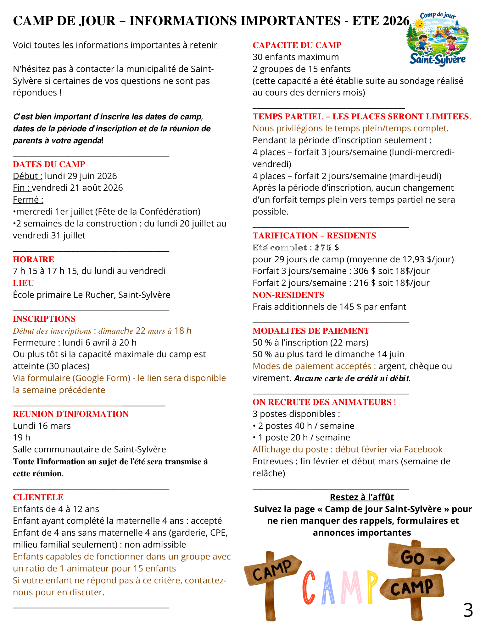 infos camp de jour